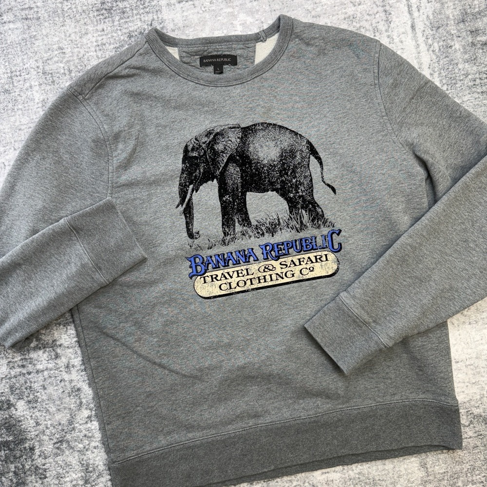 Banana Republic Sweatshirt Mens Large Gray Safari Elephant Heritage Terry Crew